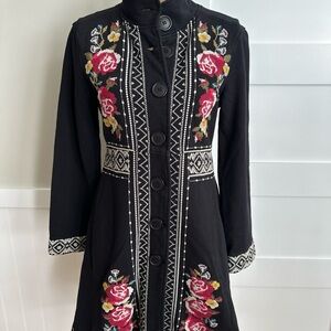 Johnny Was Size Small Black Joy Cross-Stitch Embroidered Cotton Military Coat